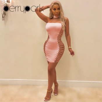Sexy Strapless Side Lace Up Mini Dress Clubwear Slim Bandage Party Dresses Hollow Out